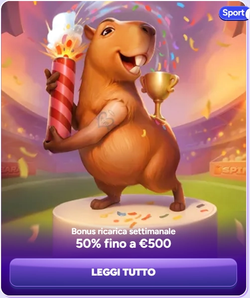 Capibara festeggia con petardo e trofeo, bonus ricarica settimanale 50% fino a €500