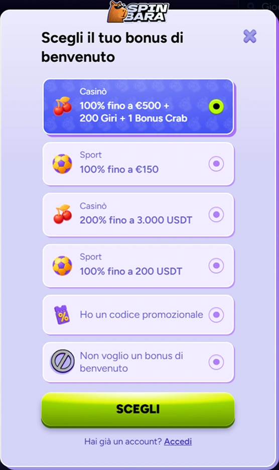 SpinBara Casino: scegli il tuo bonus di benvenuto