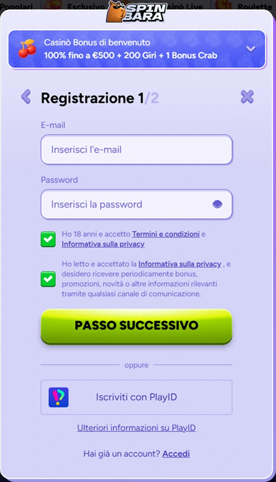 SpinBara Casino registrazione con campi email e password