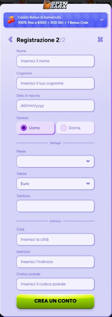 SpinBara Casino registrazione: inserisci i tuoi dati per creare un conto