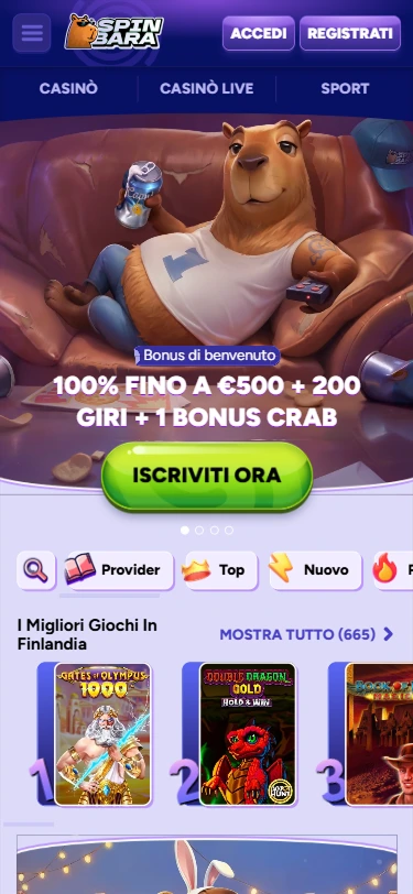 SpinBara Casino banner con offerta di benvenuto: 100% fino a €500 + 200 giri